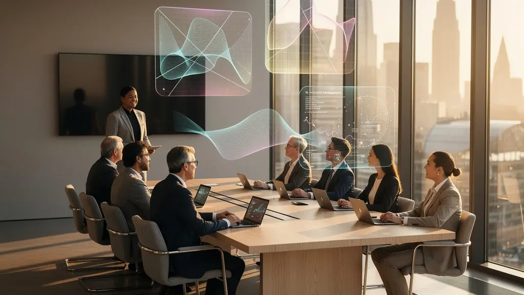 Modern UK boardroom with professionals examining interactive digital governance dashboards against London cityscape background