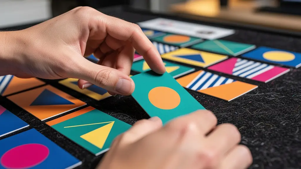 Close-up of hands arranging sprint planning cards on a kanban board with abstract workflow patterns