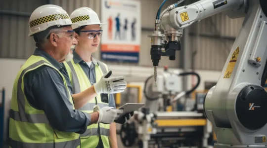Collaborative scene in UK manufacturing facility showing workers and AI technology working together harmoniously