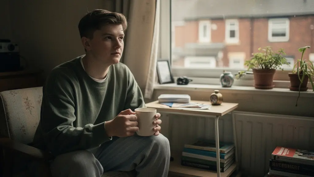 Young British person in authentic living space with subtle economic reality markers