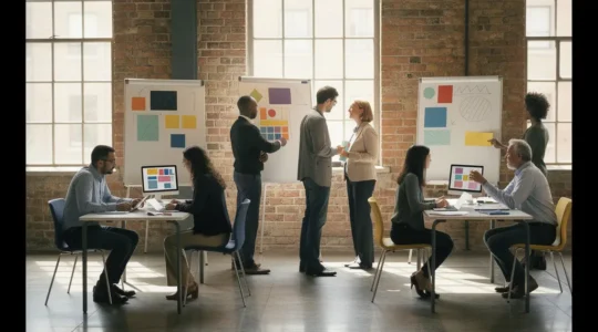 Diverse business team collaborating in modern open office with decentralized workstations