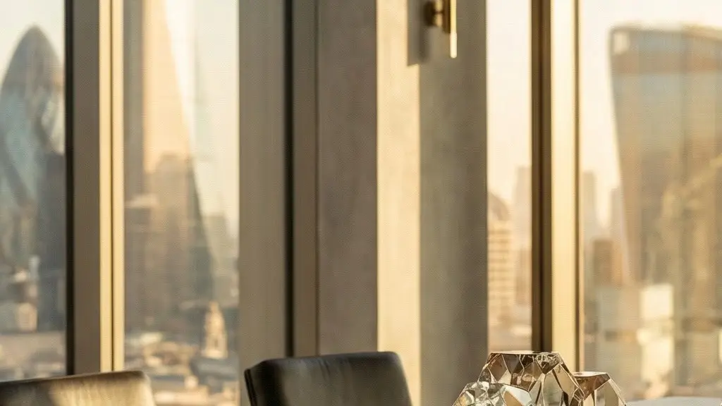 Corporate boardroom overlooking City of London skyline with financial strategy documents and risk assessment charts