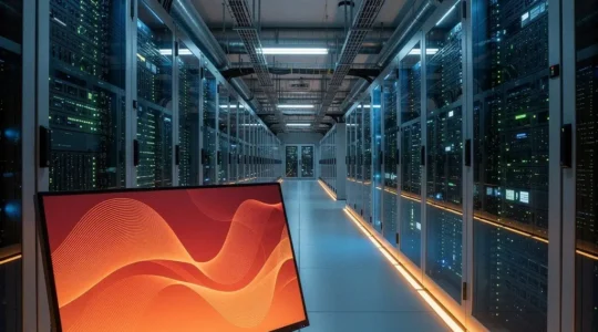 High-tech server room with monitoring screens during Black Friday peak traffic surge