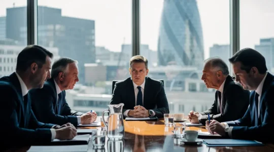 Executive boardroom meeting with concerned directors discussing financial documents under dramatic lighting