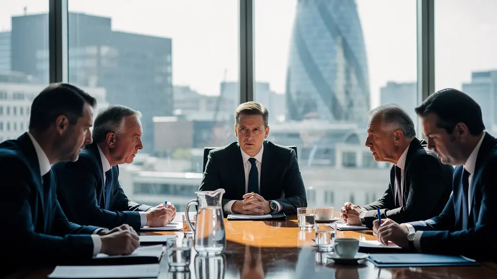 Executive boardroom meeting with concerned directors discussing financial documents under dramatic lighting