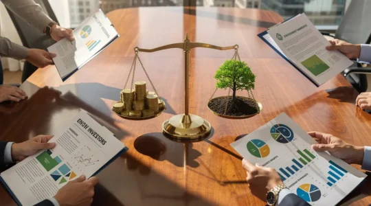 Directors in boardroom balancing shareholder dividends with stakeholder interests