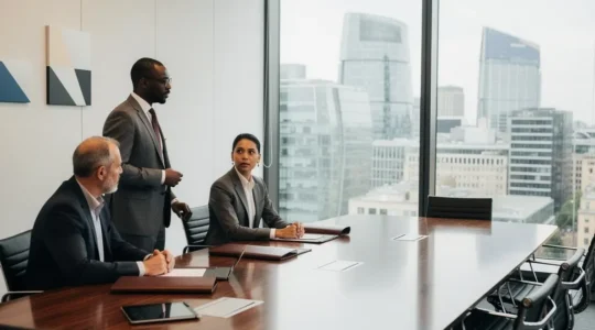 Professional boardroom scene showing directors discussing health and safety compliance in the UK