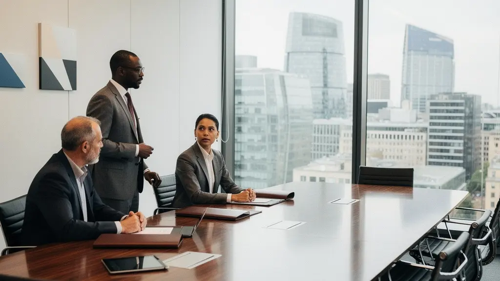 Professional boardroom scene showing directors discussing health and safety compliance in the UK