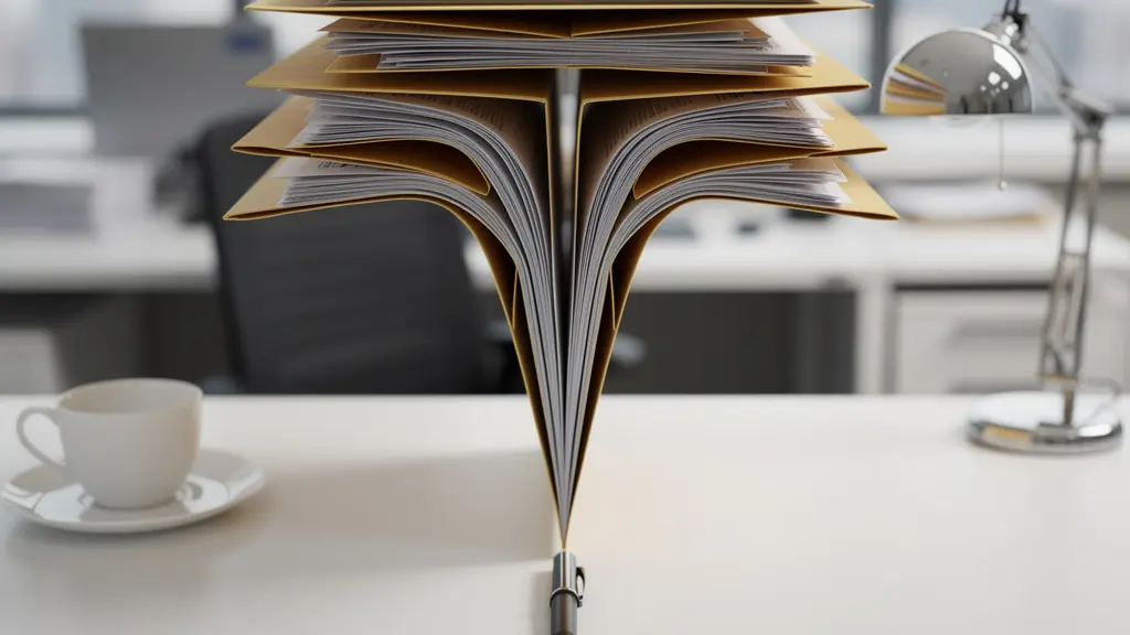 Abstract visualization of a workflow bottleneck with documents stacked waiting for a single approval point.