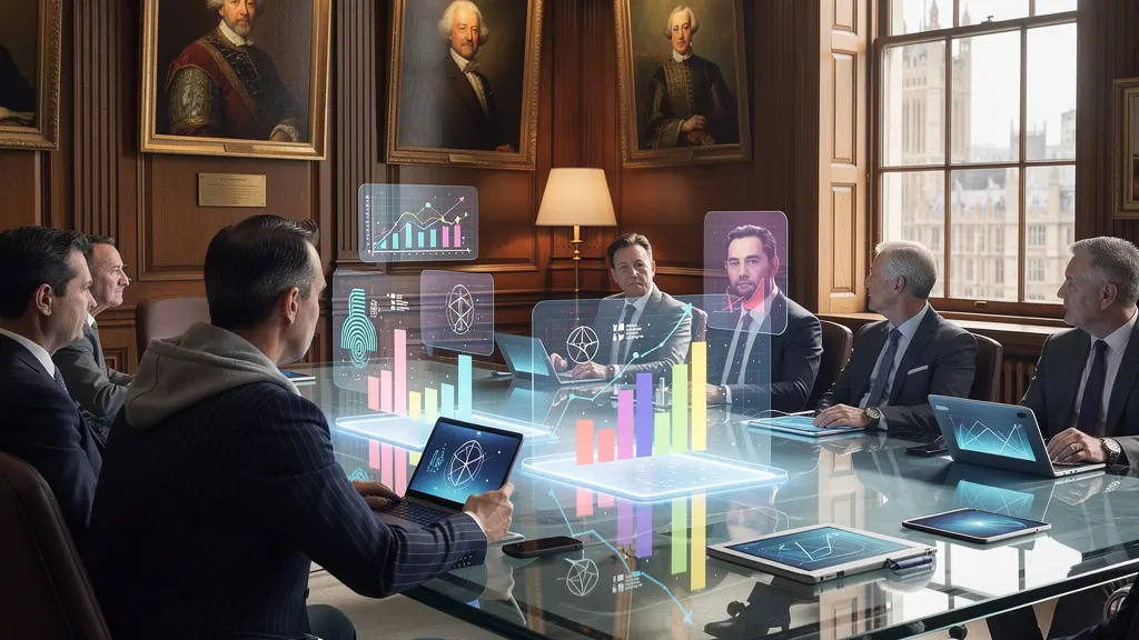 Historic British boardroom with modern innovation elements representing corporate transformation