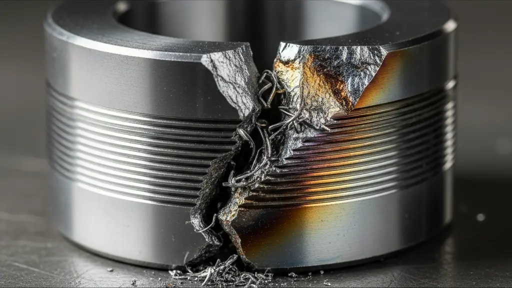 Close-up macro photograph of a fractured industrial metal component showing visible stress lines and material failure texture