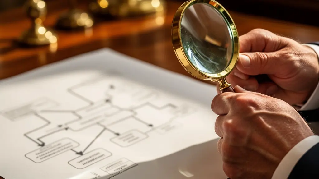 Close-up of hands examining trademark documents with magnifying glass in UK office