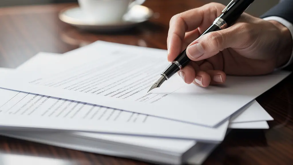 Close-up of hands reviewing employment documents on wooden desk