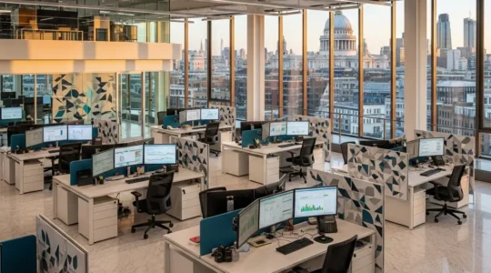 Corporate treasury office with financial charts and cash flow visualizations