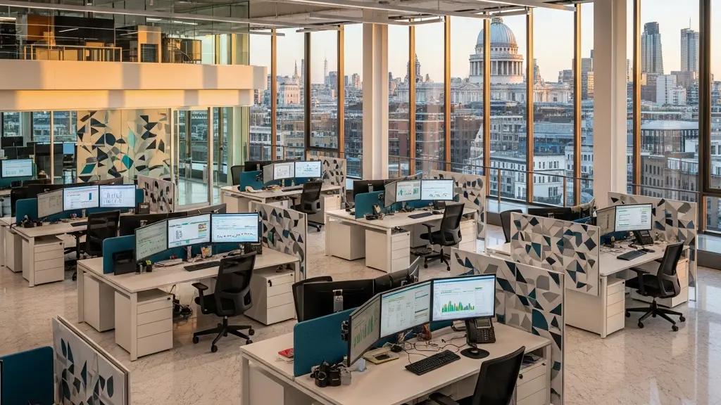 Corporate treasury office with financial charts and cash flow visualizations