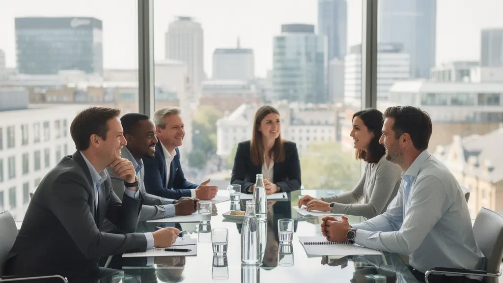 Modern British office meeting room with diverse professionals collaborating around a glass table
