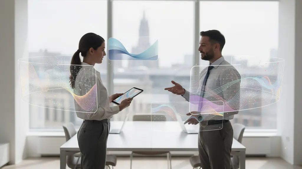 Wide environmental shot of professionals reviewing data patterns in minimalist office space
