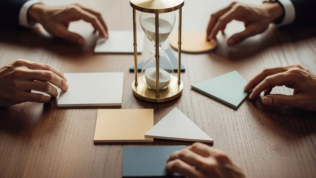 Close-up of hands arranging meeting cards on a wooden table with a timer visible, symbolizing a structured meeting.