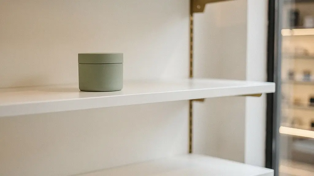 Wide-angle minimalist photograph of a single elegant product on an empty polished shop counter with vast negative space, symbolizing the isolation of brand value in a discounting environment.