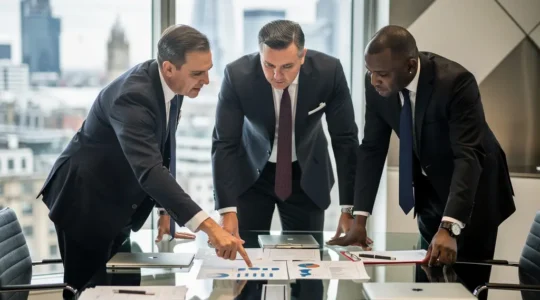 Professional business executives analyzing financial documents in a modern London boardroom setting