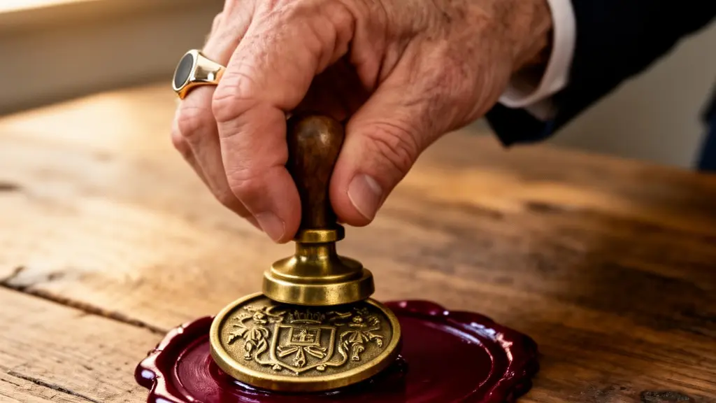 Close-up of an antique brass seal pressed into dark red wax on a wooden surface, symbolising formal authorisation and binding responsibility.