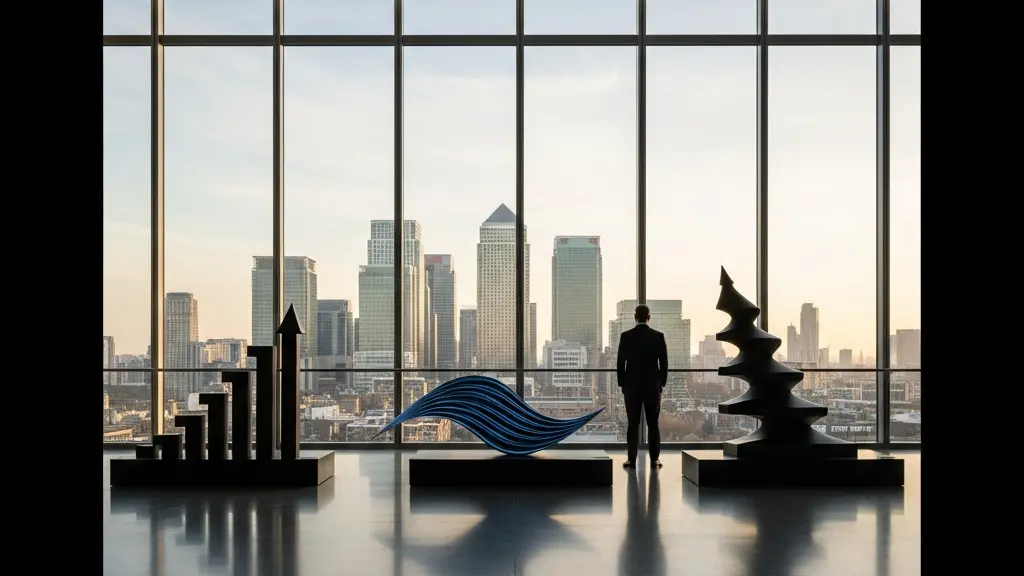 Financial analyst reviewing multiple economic projections on abstract data visualization displays