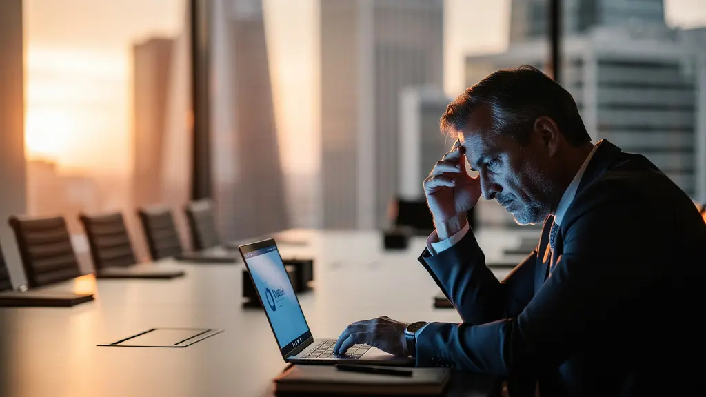 Solitary executive figure in an expansive modern office space, conveying professional isolation and burnout