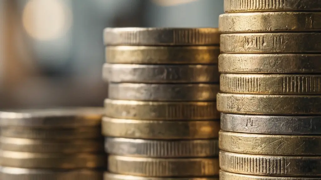 A visual metaphor showing pound coins stacked in an ascending graph, representing dividend reinvestment creating business growth.