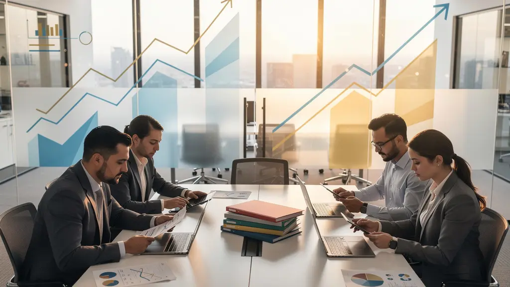 Wide shot of modern finance team workspace with growth charts displayed on wall screens