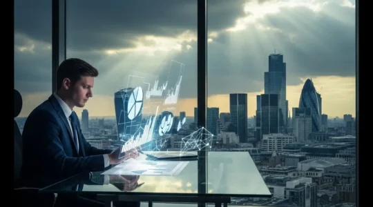 Executive analyzing financial projections in a London office with stormy cityscape reflecting market volatility