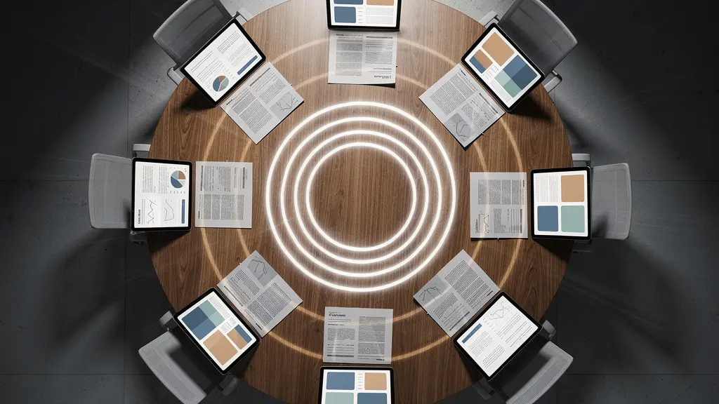 Abstract visualization of governance review cycles and decision flows