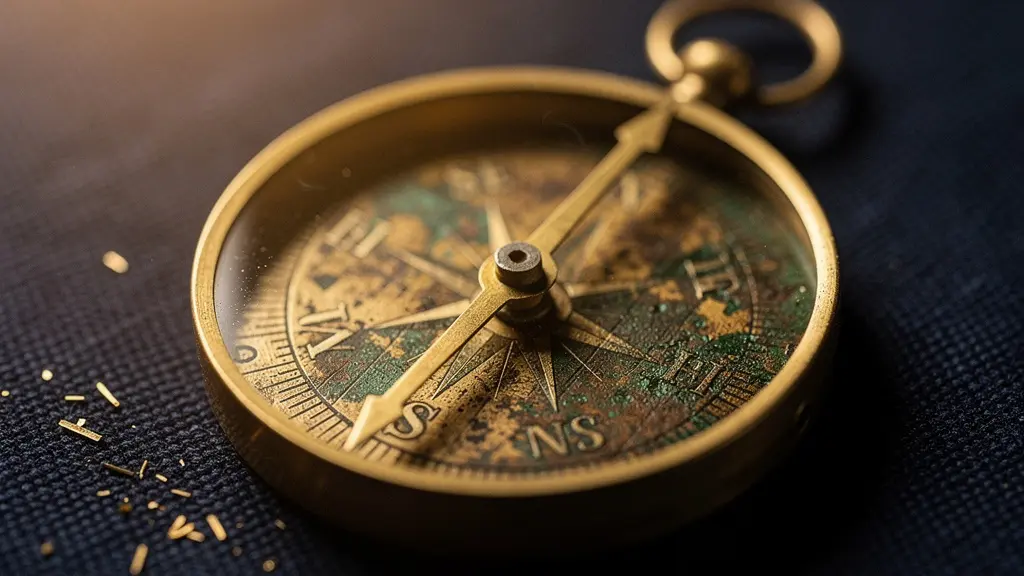 Close-up macro photograph of a brass compass needle pointing between precision-engraved directional markers, symbolising the navigation of governance gap analysis.