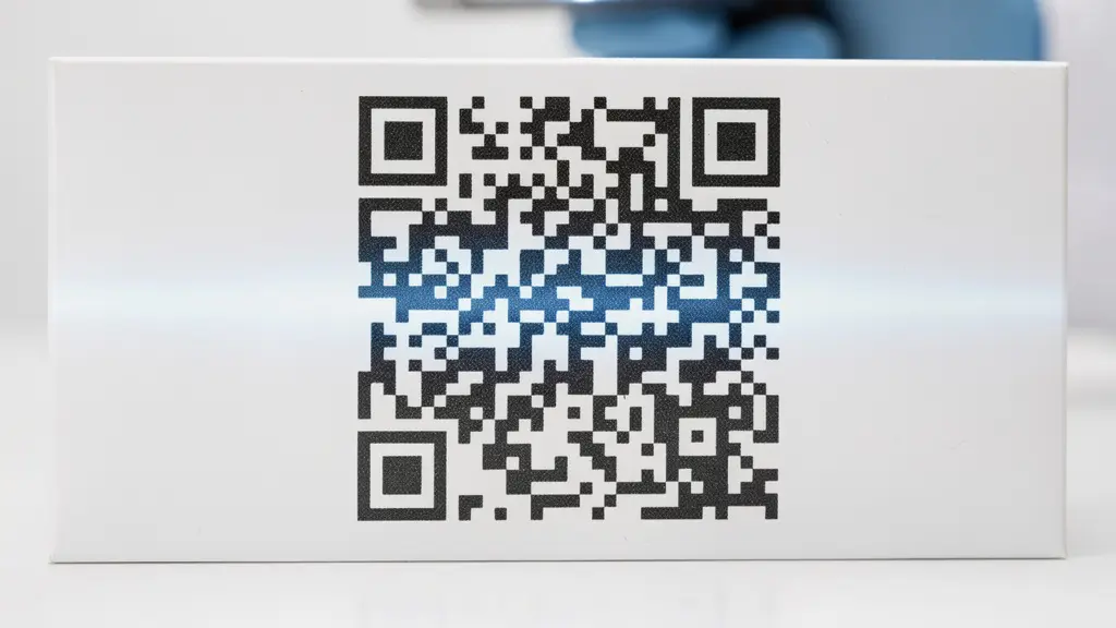 Close-up of DataMatrix code being scanned on pharmaceutical packaging in controlled environment