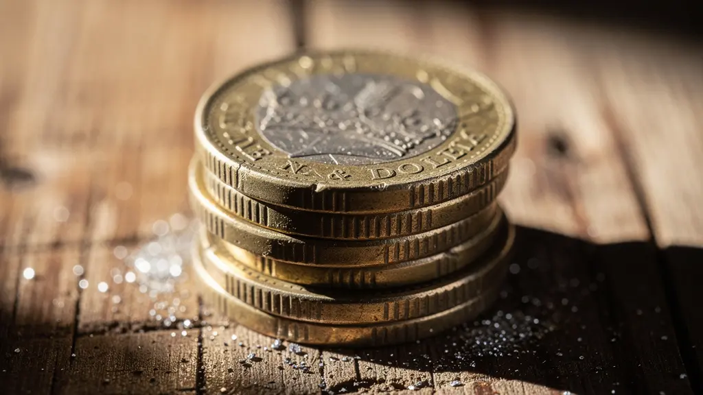 Close-up macro photograph of stacked coins with one coin visibly worn and diminished, symbolizing hidden margin erosion on best-selling products.