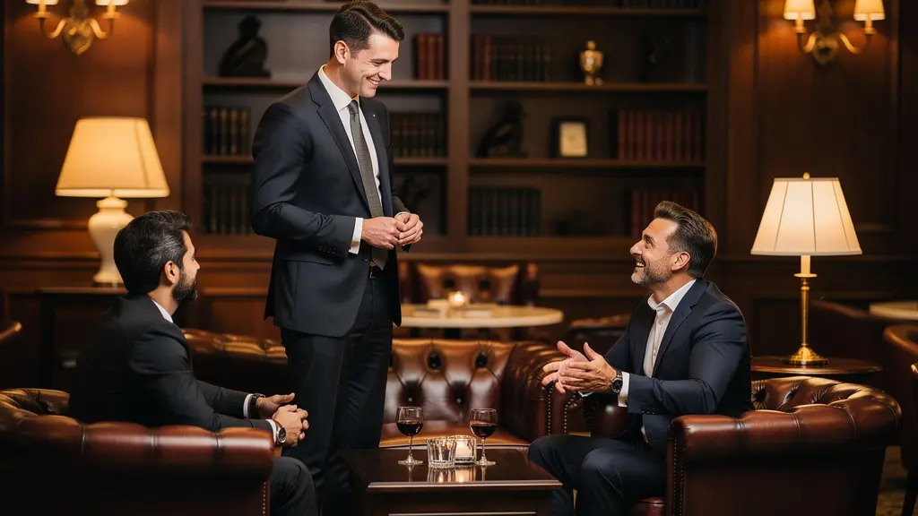Elegant interior of a historic City of London private members club with leather chairs and wood paneling