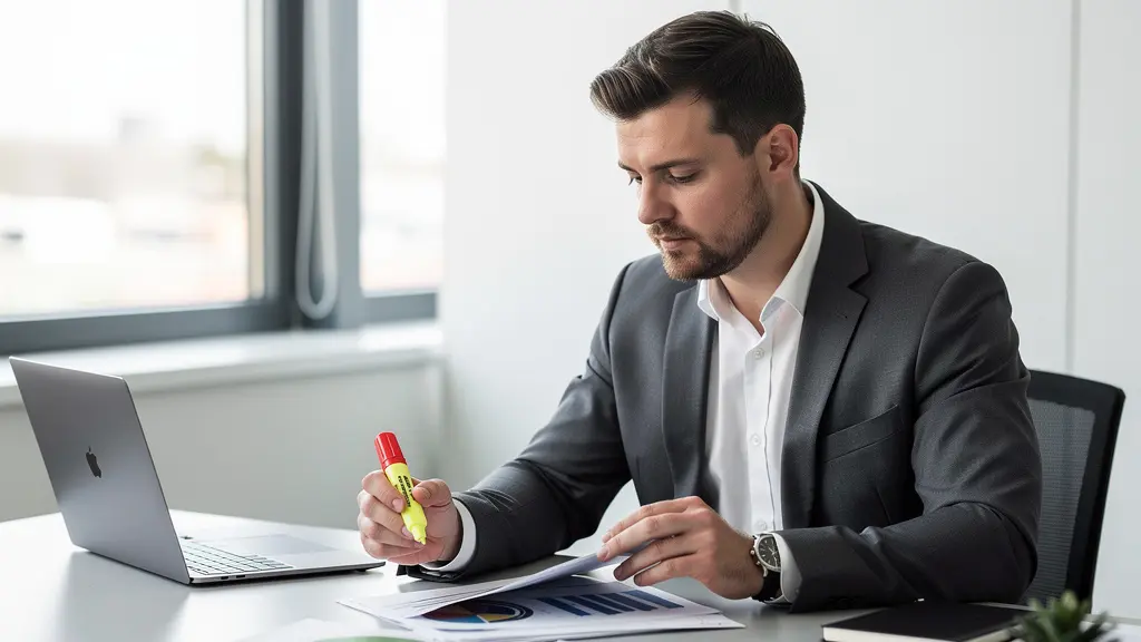 Professional reviewing documents at desk with focus on detailed technical documentation