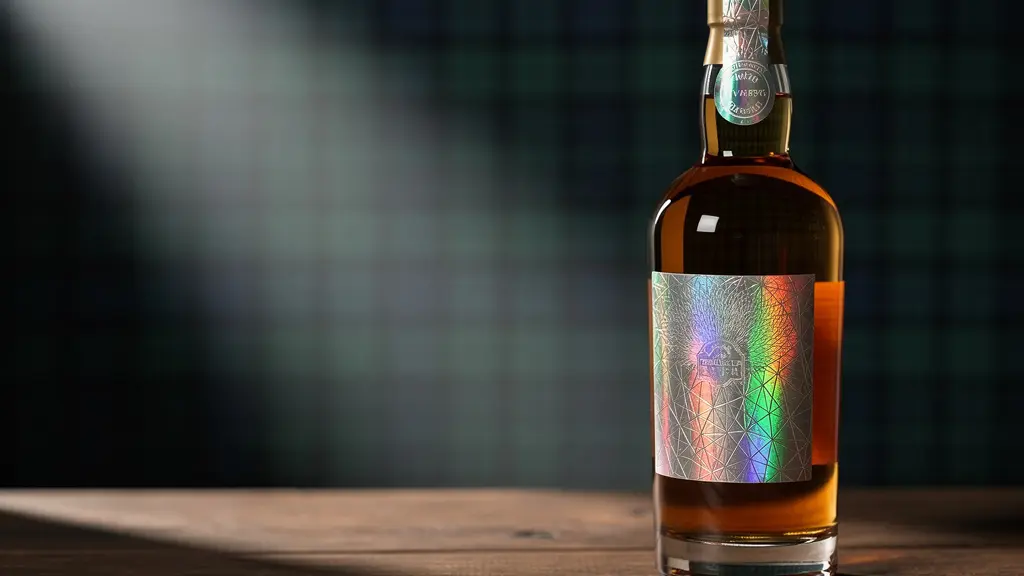 Holographic security feature on premium whisky bottle showing prismatic light patterns