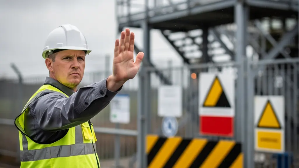 HSE inspector at industrial site with blurred warning notices