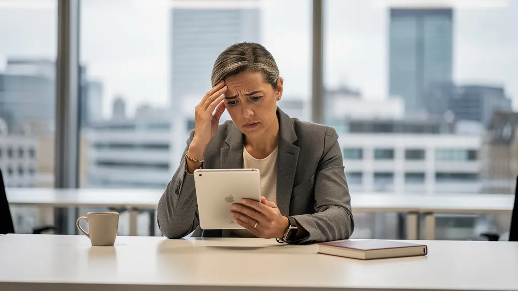 Business professional reviewing concerning data on tablet in modern UK office