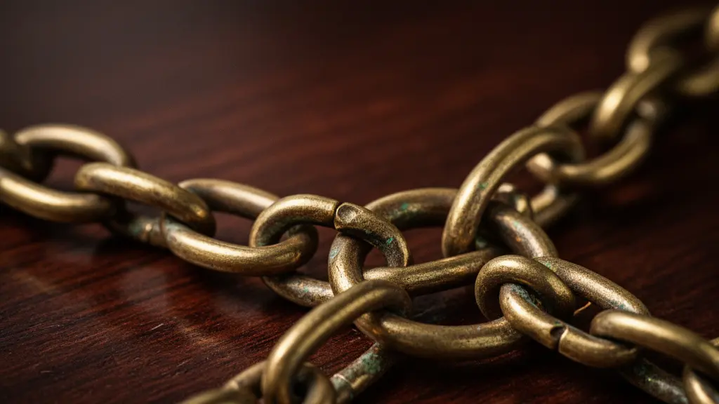 Extreme close-up of interlinked brass chain links on a dark mahogany surface, symbolising hidden connected interests between directors.