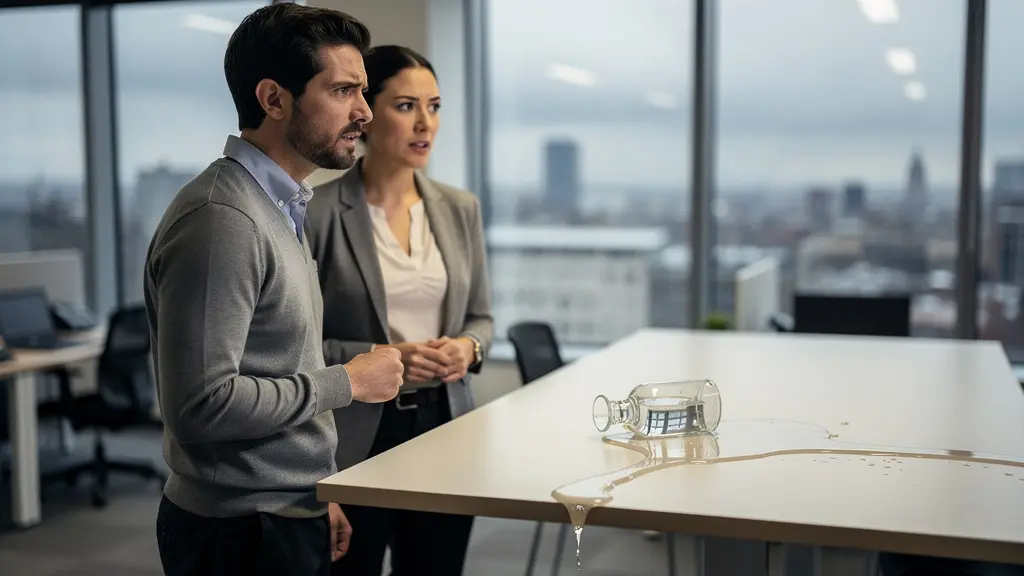 An empty modern office breakroom with an overturned water glass on a communal table, water spreading across the surface, symbolising internal information leaks turning a crisis into a public scandal.