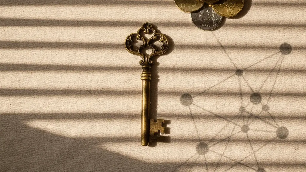A symbolic overhead photograph of a brass key casting a long shadow across a European map, representing the hidden taxable presence of digital businesses across borders.