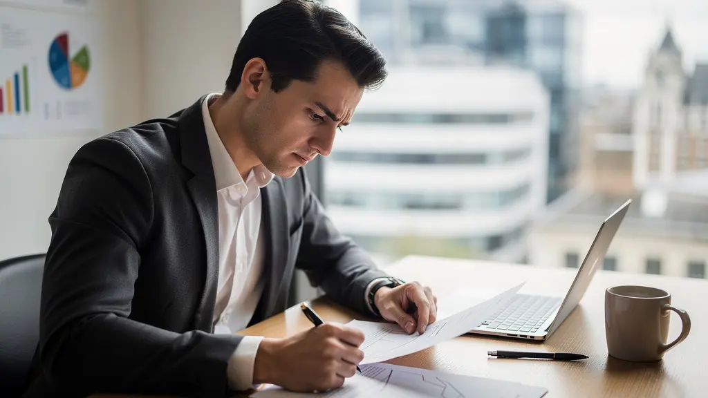 Financial analyst examining commercial property service charge documentation with London cityscape