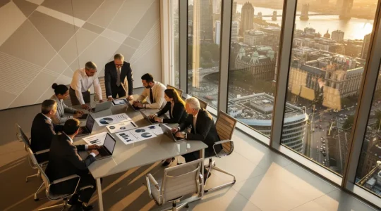 Business leaders reviewing financial data and cost optimization strategies in a modern London office