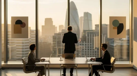 London executives in modern boardroom overlooking City skyline with thoughtful leadership dynamics