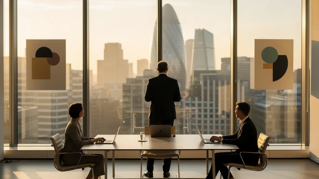 London executives in modern boardroom overlooking City skyline with thoughtful leadership dynamics