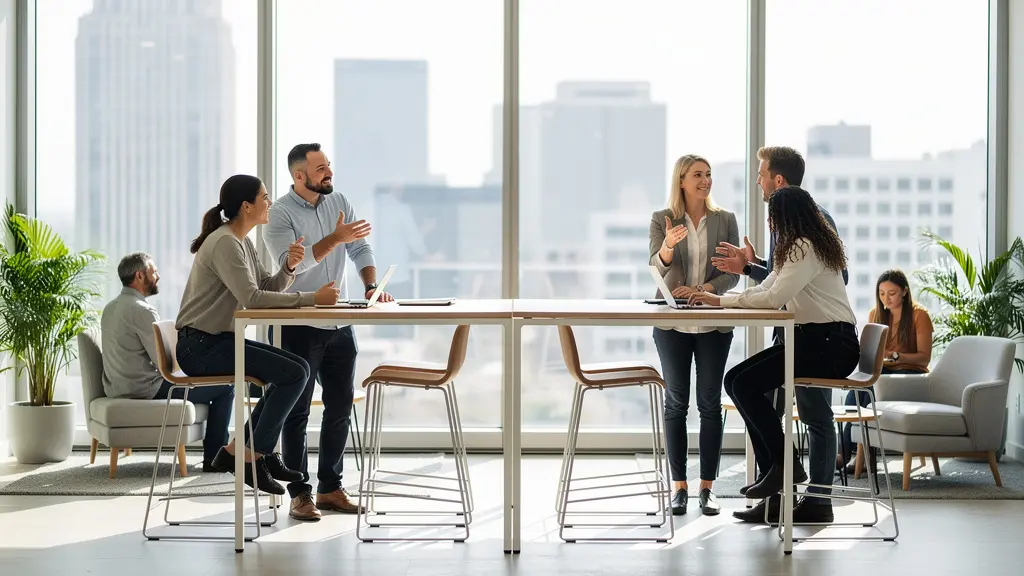 Bright modern office space with employees collaborating in an open-plan environment with City views