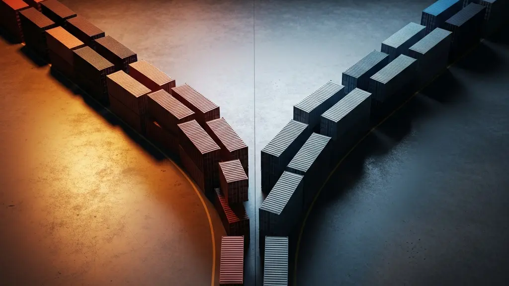 Symbolic overhead view of two diverging shipping routes on a warehouse floor with containers representing nearshoring and offshoring paths