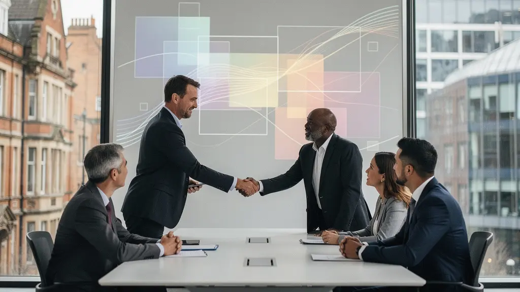 Data governance meeting in modern UK office showing collaborative decision-making between management and union representatives