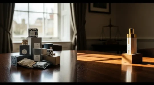 A carefully arranged collection of diverse consumer products on a clean surface with dramatic lighting, symbolizing product mix optimization for profit margin improvement.